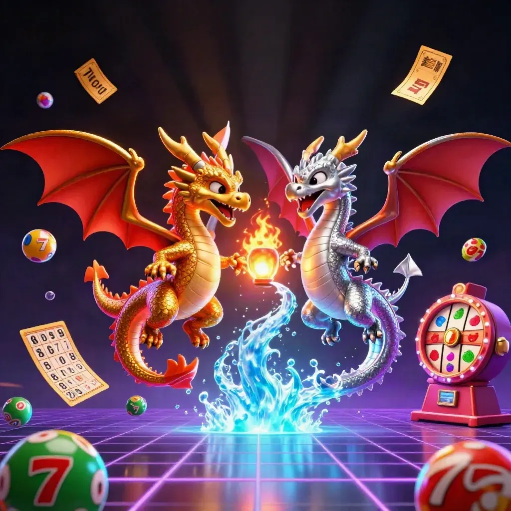 Dois dragões 3D entrelaçados com bolas, roleta, fichas e brilho neon num fundo escuro.