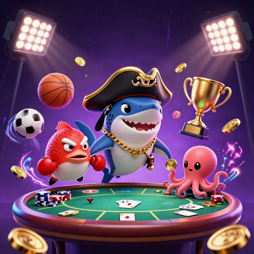 Shark pirata, baiacu bravo e polvo bebê com fichas e cartas em clima premium.