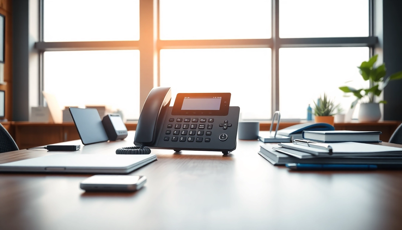 Showcasing a professional business phone on a modern desk, highlighting its design and utility.