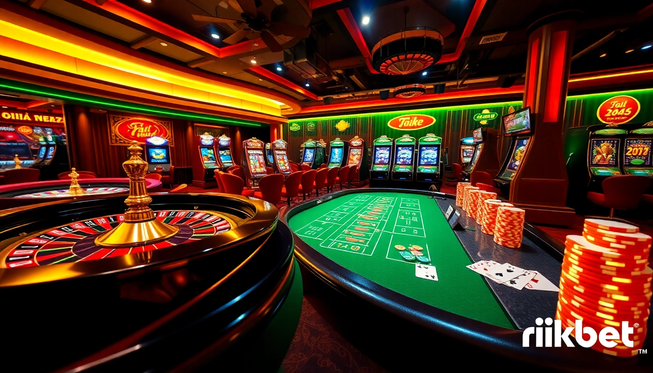 Experience the thrill of 'trang chủ rikbet' at a luxurious casino setting with roulette and poker.