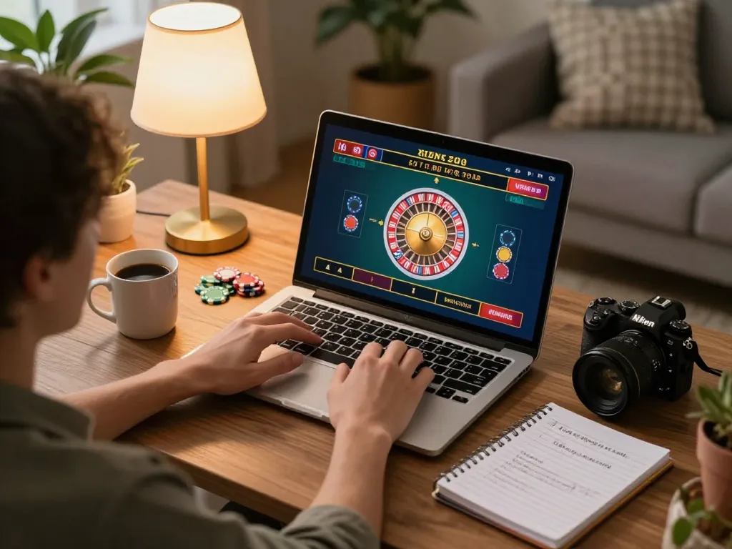 Player engaging in online MK8 casino game from home, showcasing interactive roulette table on laptop.
