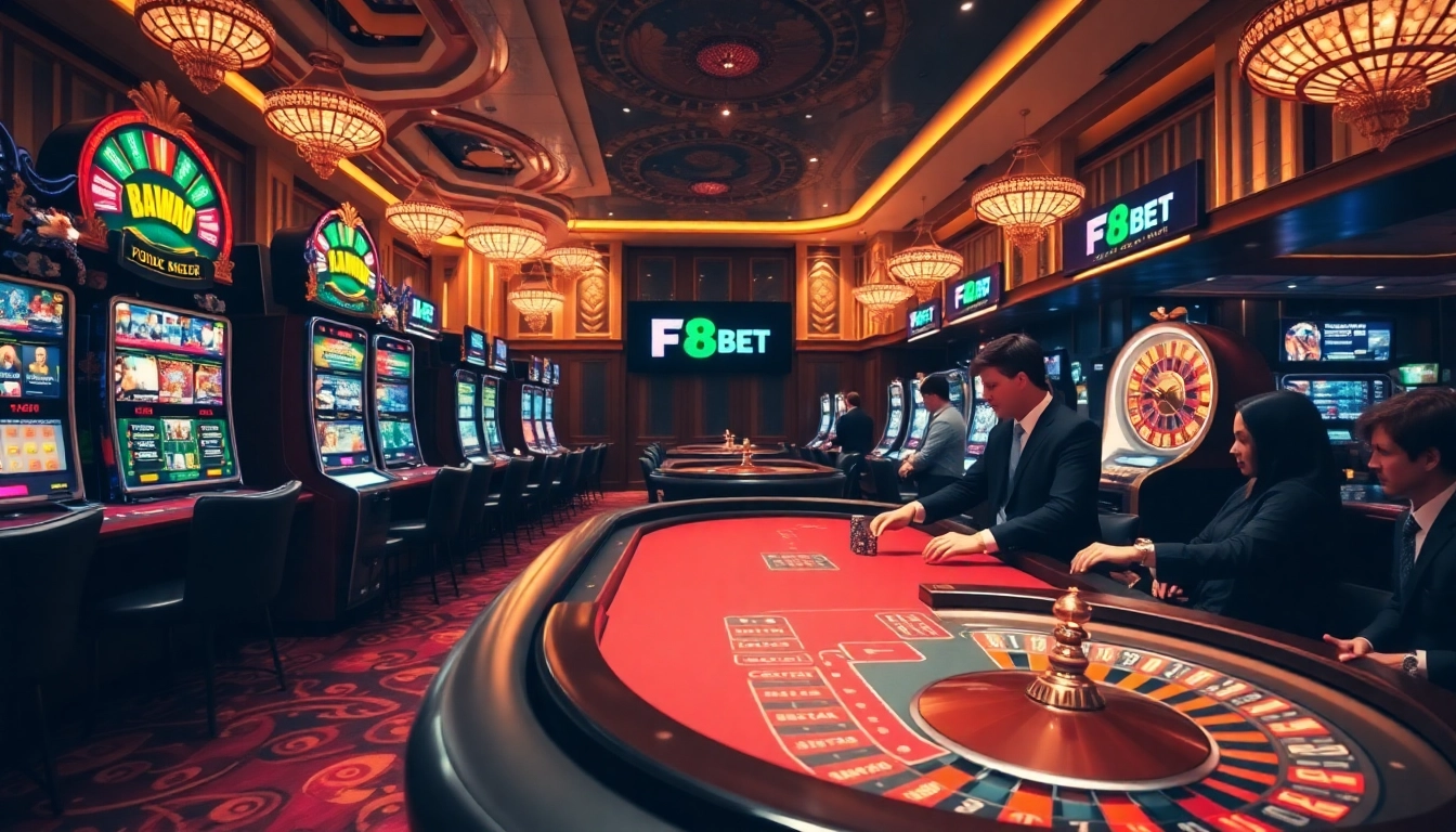 Experience the thrill of F8BET with vibrant slot machines and dynamic poker players.