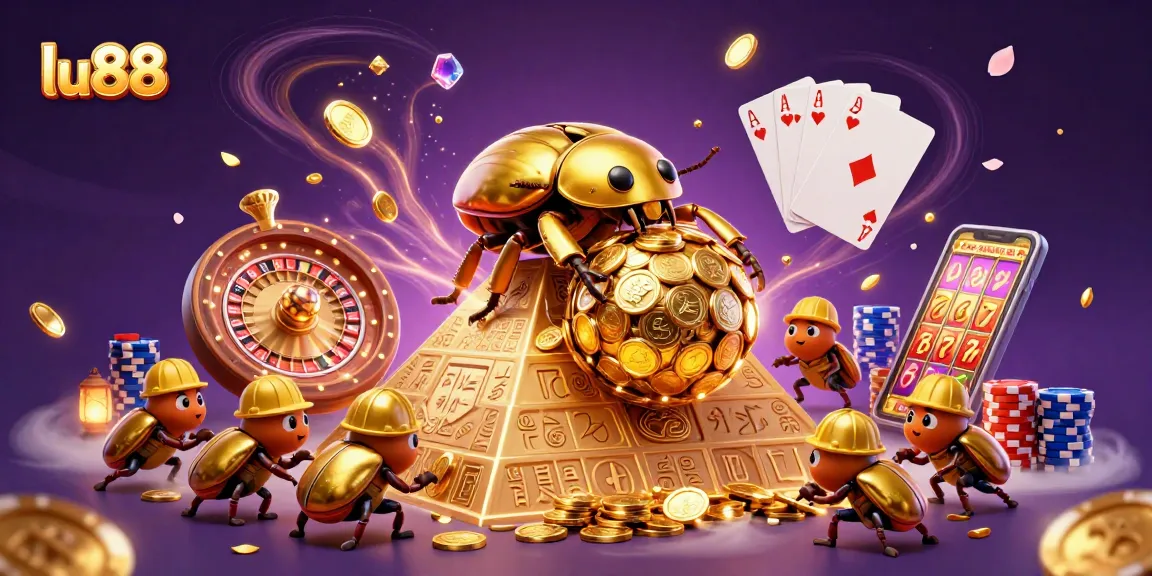 lu88 showcases a golden dung beetle rolling coins, featuring vibrant casino elements.