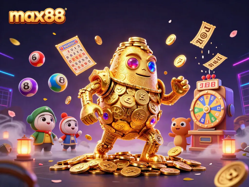 Experience max88 casino excitement with a dynamic 3D illustration featuring vibrant lottery and gaming elements.