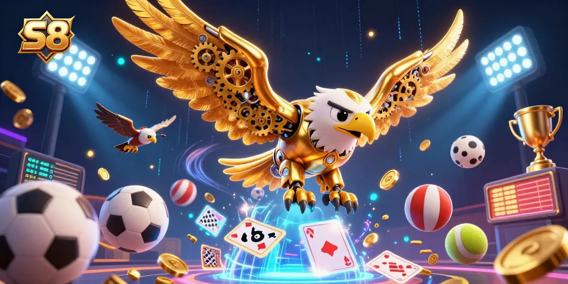 S8 showcases an energetic 3D scene with a golden eagle diving through holographic cards, surrounded by vibrant casino elements.