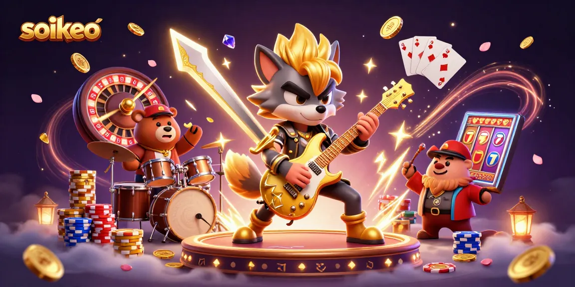 Engage with soikeo's dynamic casino scene, showcasing a rock star wolf and exciting game elements.