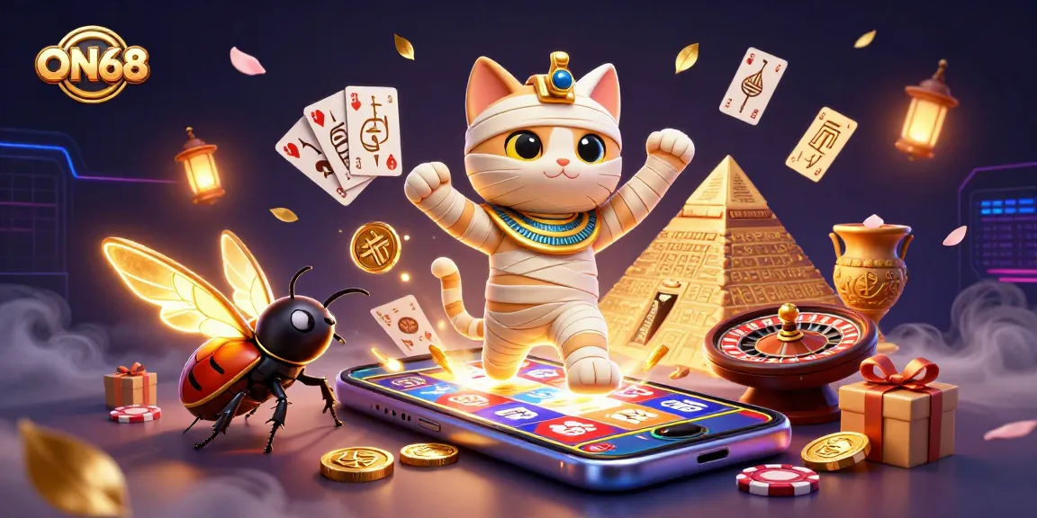 Experience the thrilling adventures at ON68 casino with a 3D Egyptian mummy bursting forth, combined with slot games and vibrant gold!