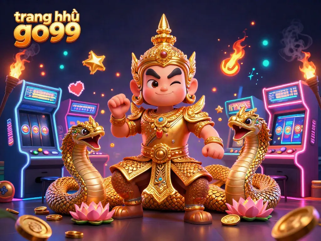 Immerse yourself in the vibrant world of gaming with trang chủ go99 featuring a golden yaksha guardian and mystical elements.