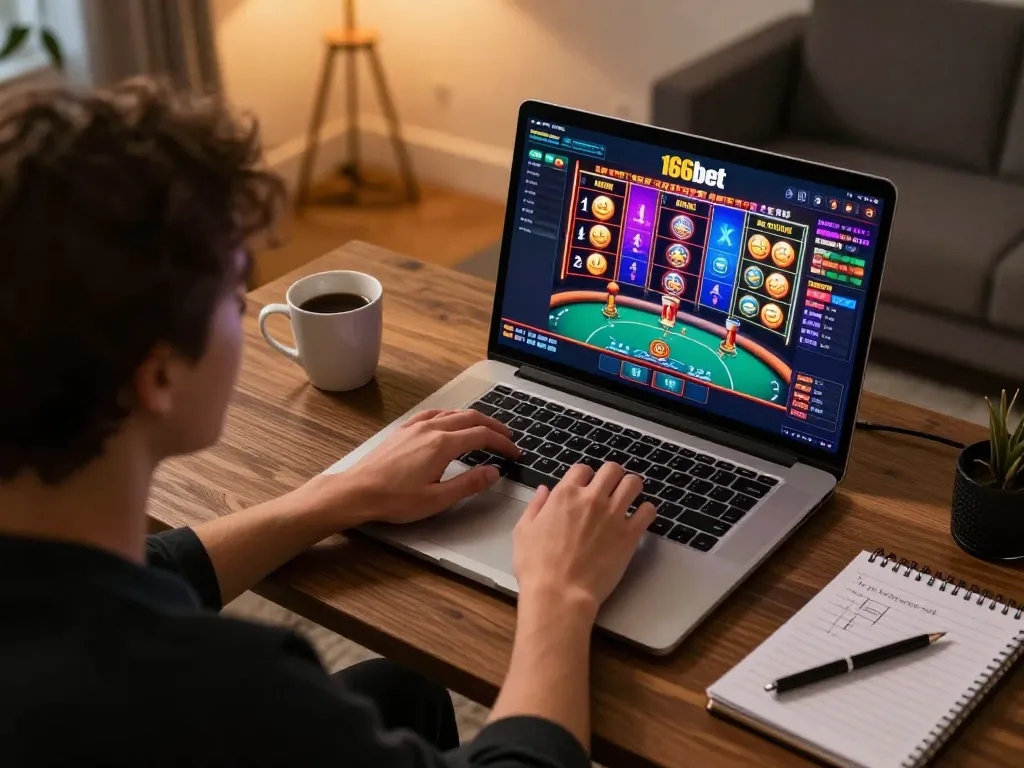 Jogador ganhando com emocionantes máquinas caça-níqueis da 166bet no laptop em um ambiente aconchegante em casa
