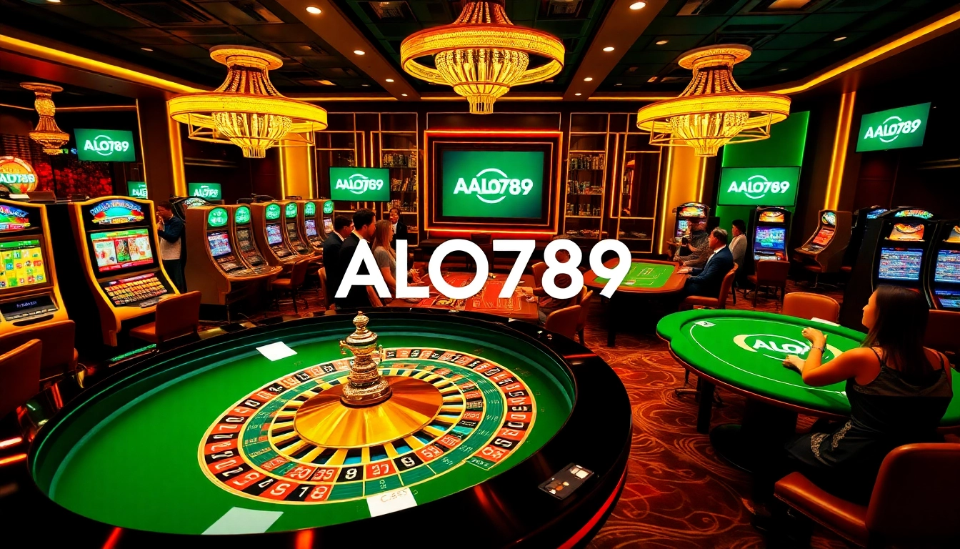 A high-energy gambling scene at ALO789 featuring roulette and slot machines with players enjoying the excitement.