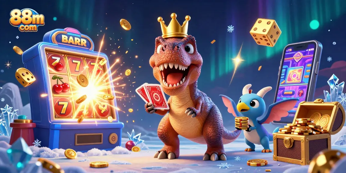 Experience the thrill of gaming at 88m com with a fun-filled casino scene featuring friendly dinosaurs.