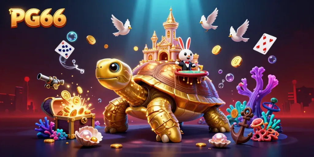 Experience the vibrant PG66 casino adventure with a golden tortoise, rabbit dealer, and flying coins.