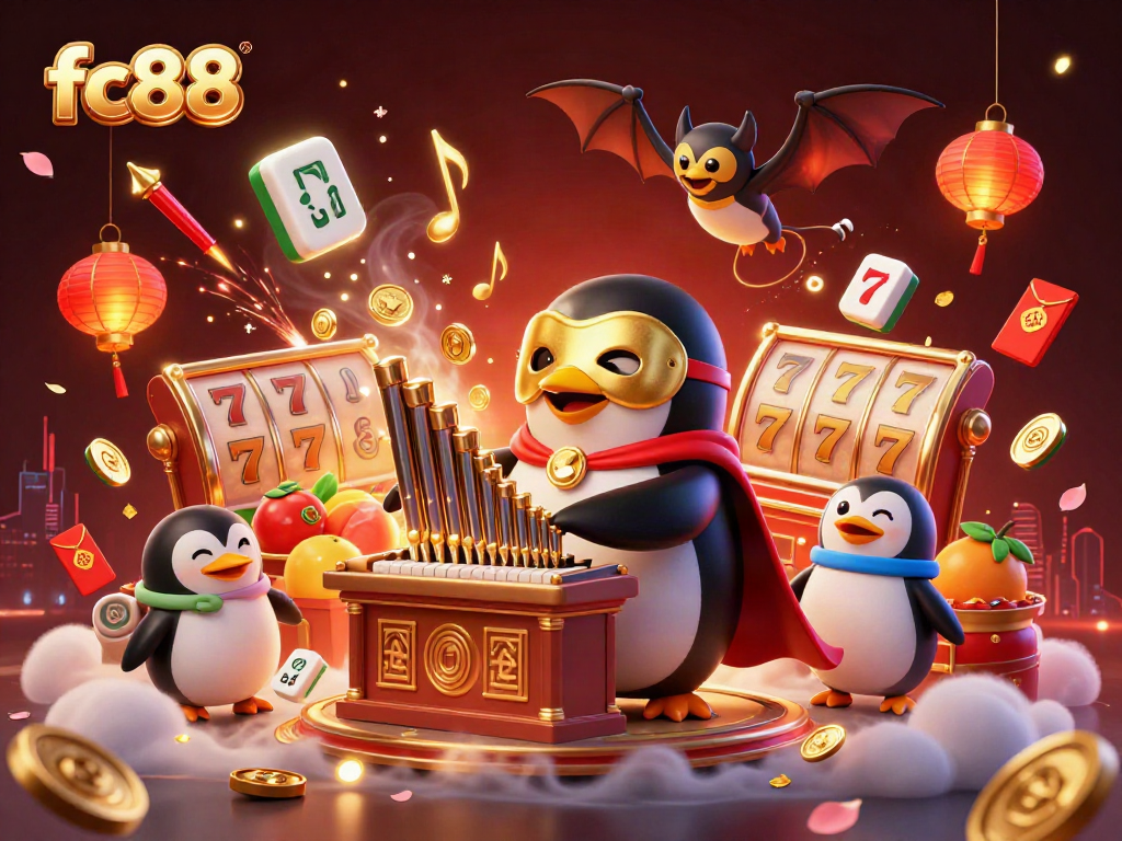 Play slots with fc88 in a vibrant, dynamic 3D casino scene featuring a penguin organist and golden coins.