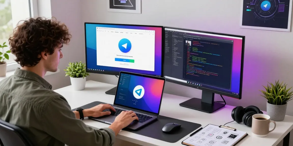 Download Telegram app in a modern tech workspace with vibrant displays and creative elements.