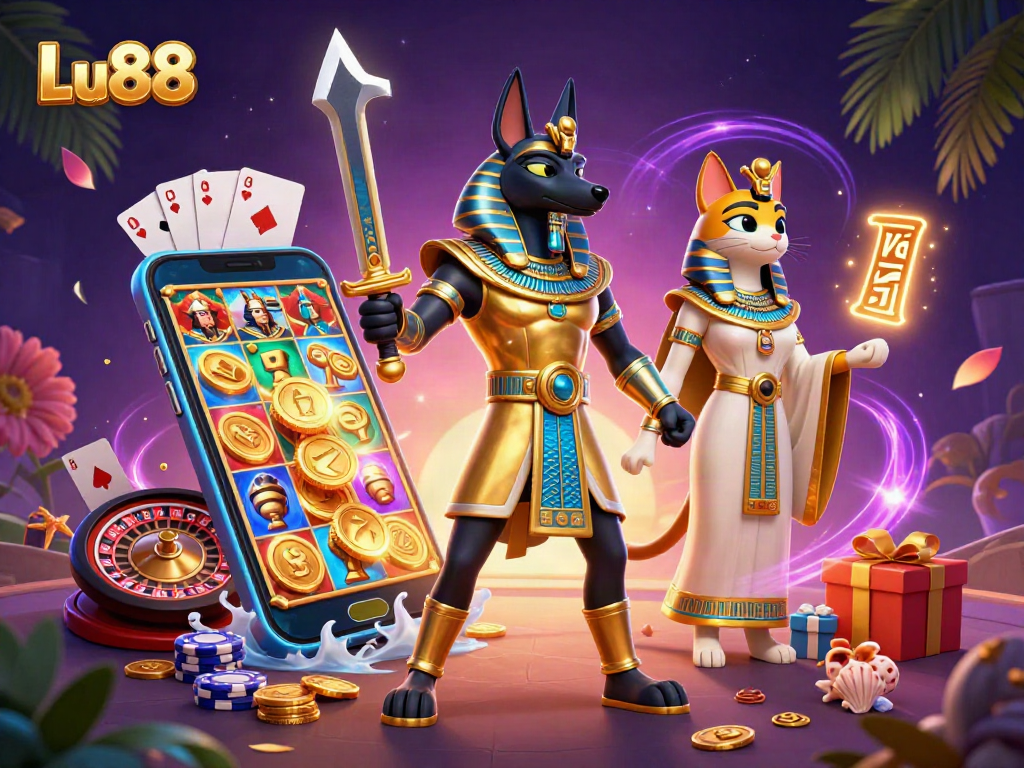 Experience thrilling wins with Lu88 in this vibrant casino scene featuring Anubis and Bastet.