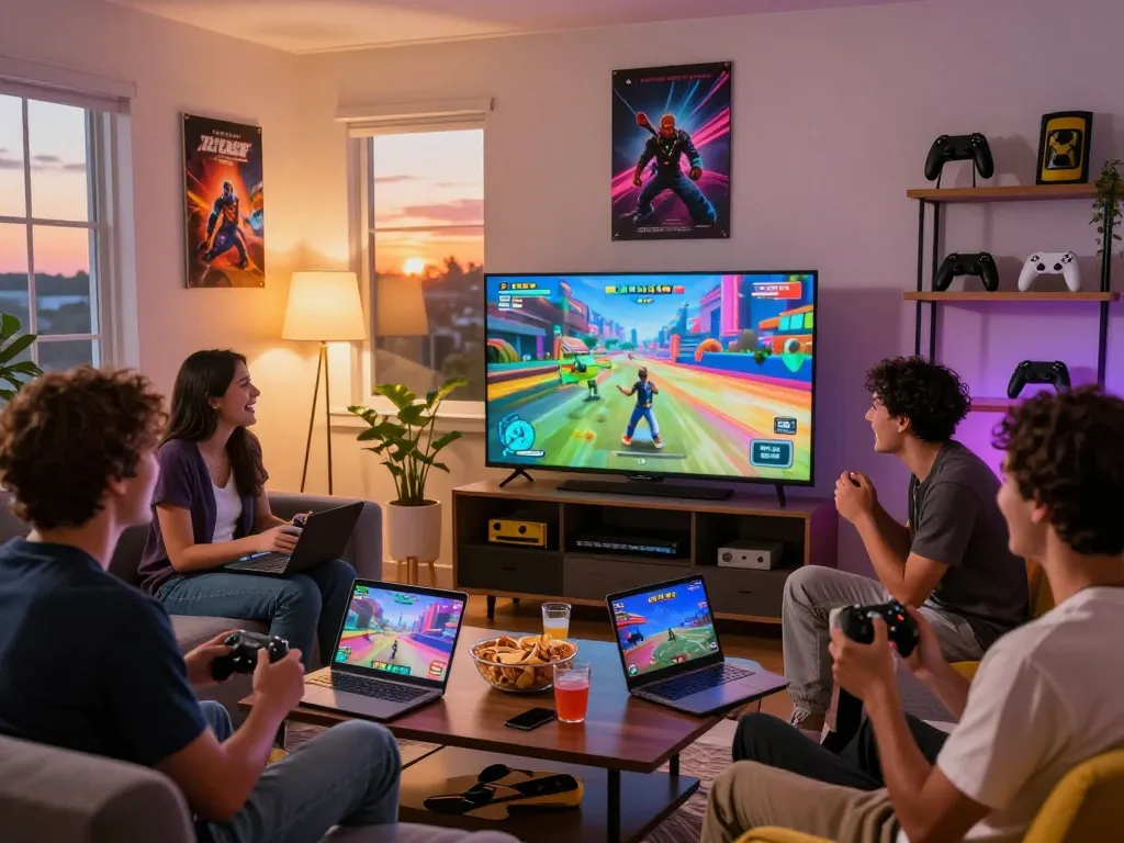 Exciting adult game night scene with friends enjoying gameplay and snacks in a cozy living room.