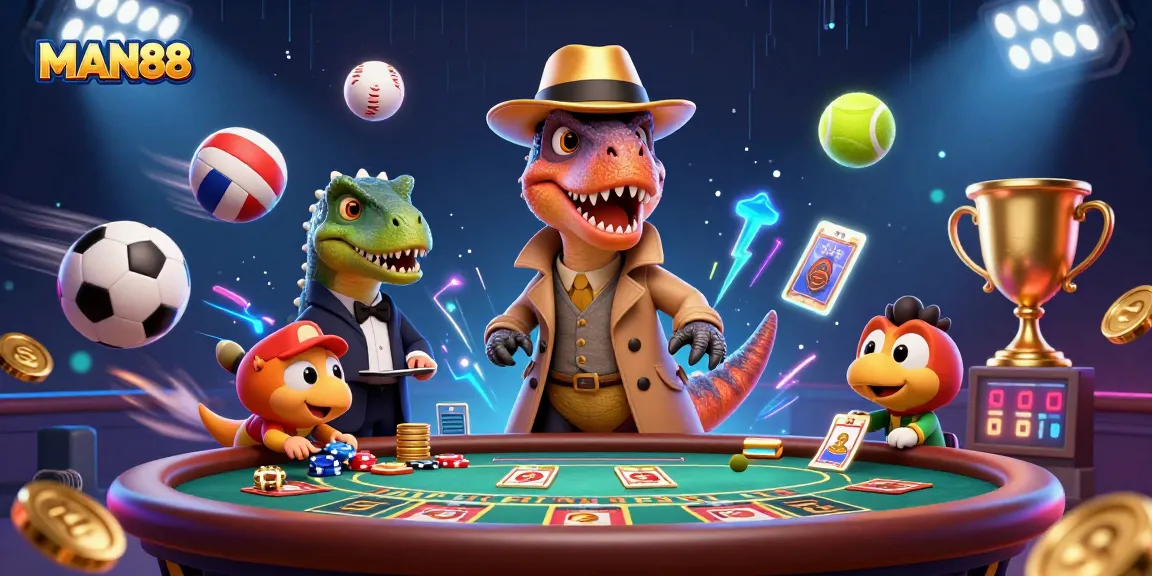 Betting on MAN88: A velociraptor card counter at a casino with a suspicious stegosaurus pit boss.