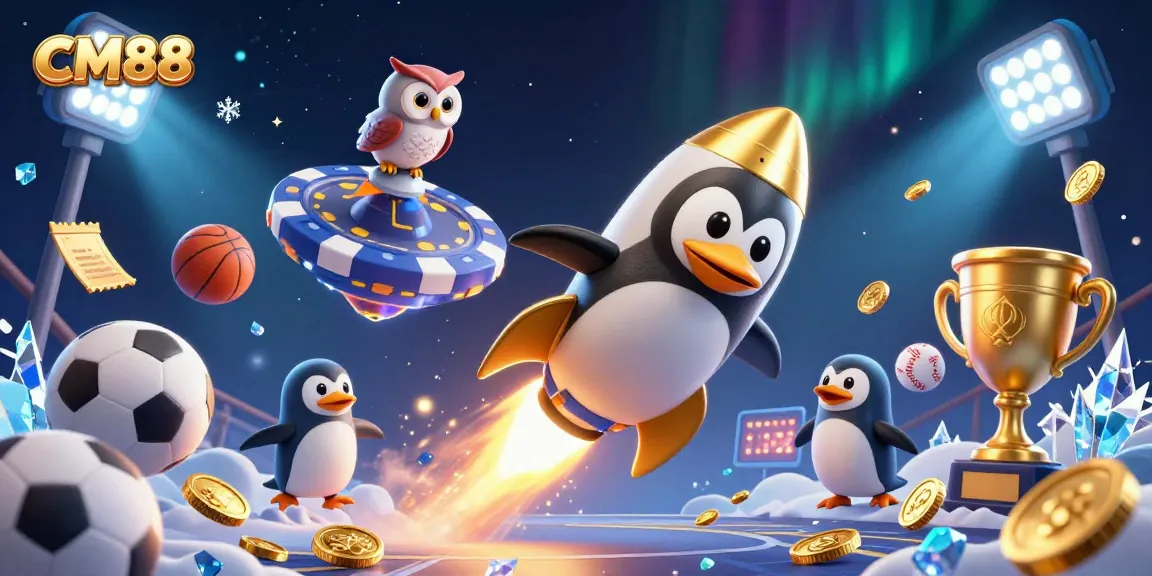 Bet on excitement with CM88, featuring a golden penguin and dynamic sports elements in a vibrant casino-themed scene.