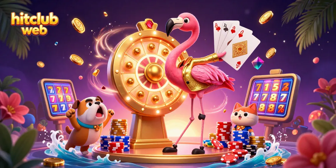 Experience gaming excitement with hitclub web's vibrant scene featuring characters celebrating wins and spinning prizes.