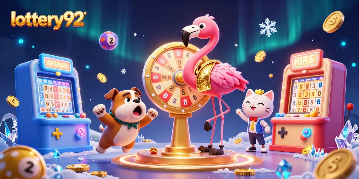 Spin the giant prize wheel with lottery92 and win exciting rewards in this vibrant lottery-themed scene.