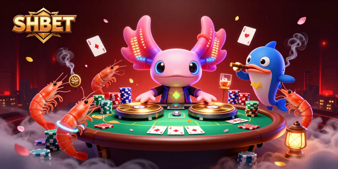 Experience SHBET in a vibrant 3D scene featuring a cartoon axolotl DJ and poker elements.