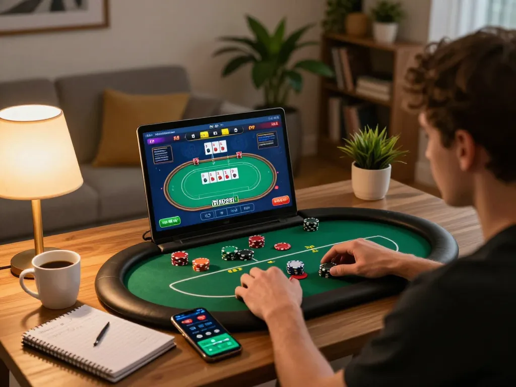 Player engaged in online poker session on laptop, showcasing va88 betting strategies in cozy home setting