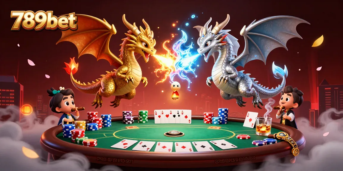 Experience thrilling gameplay with 789bet as twin dragons battle in a vibrant casino scene.