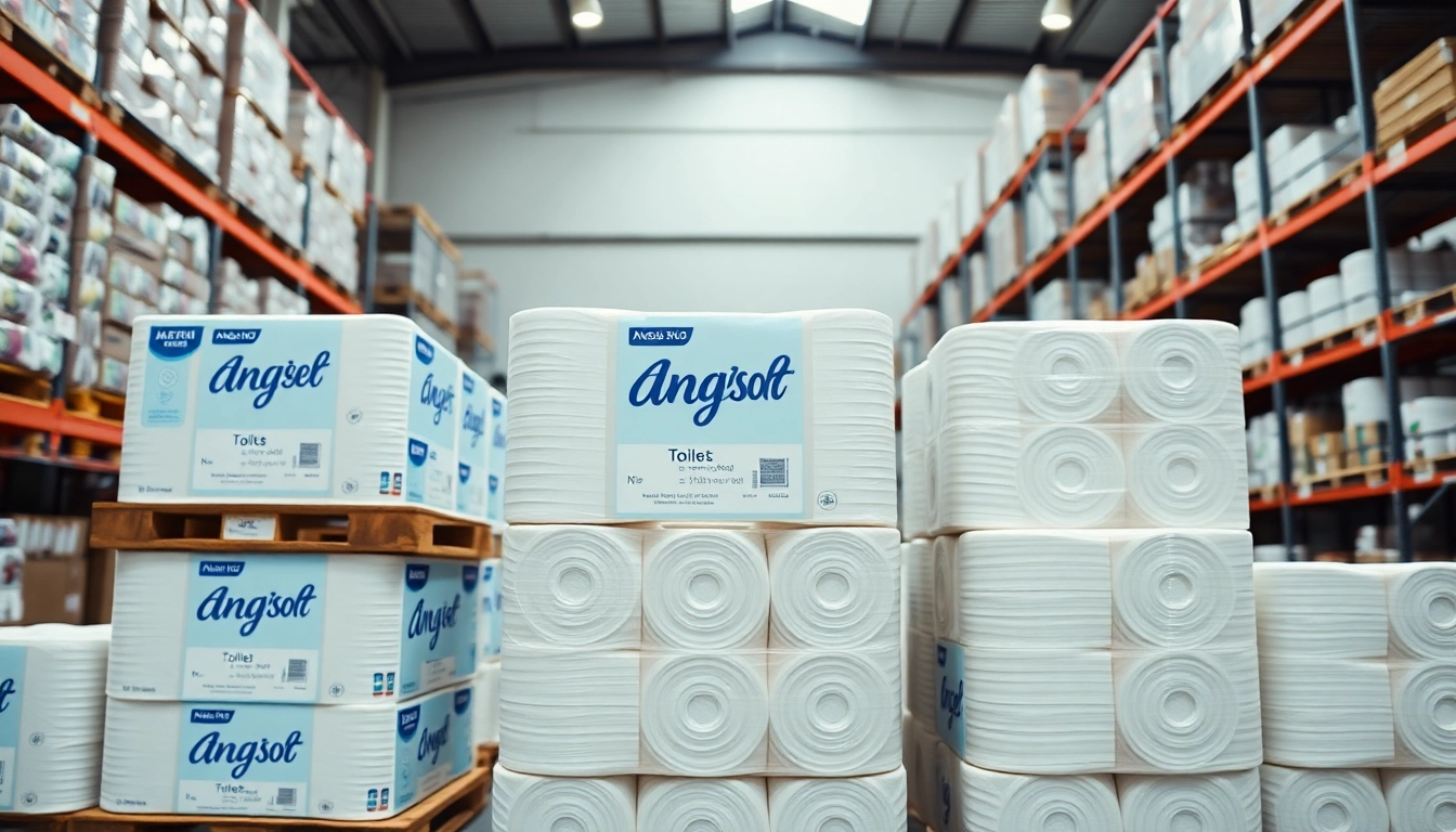 View of Angel Soft Toilet Paper Pallets arranged neatly in a spacious warehouse setting.
