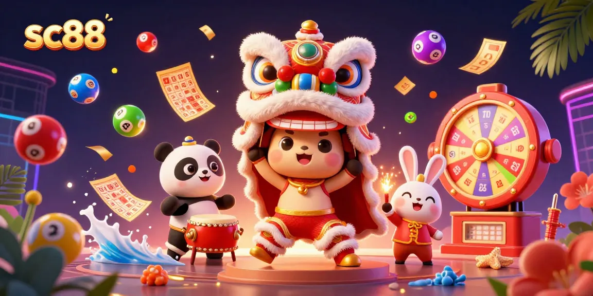 Experience the vibrant excitement of sc88 with a dynamic 3D illustration of a Chinese lion dance, drumming panda, and colorful lottery elements.