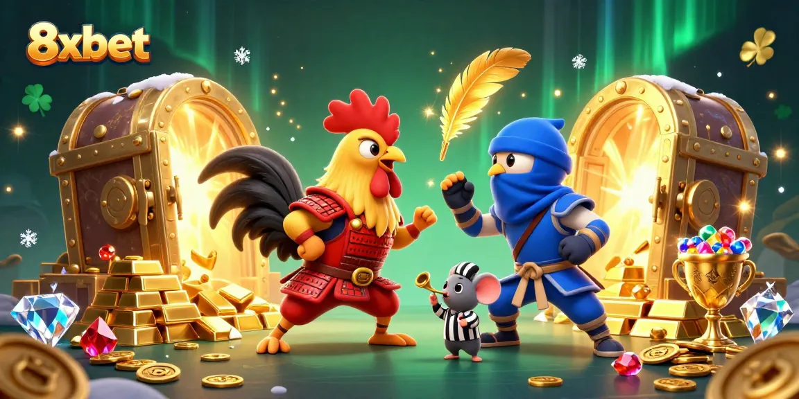 Experience the thrilling standoff of 8xbet's roosters in a dramatic casino showdown illuminated by rich treasures.