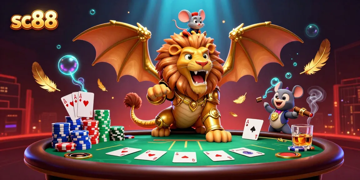 Engage in action at sc88 with golden chimera and poker elements in an exhilarating casino scene.