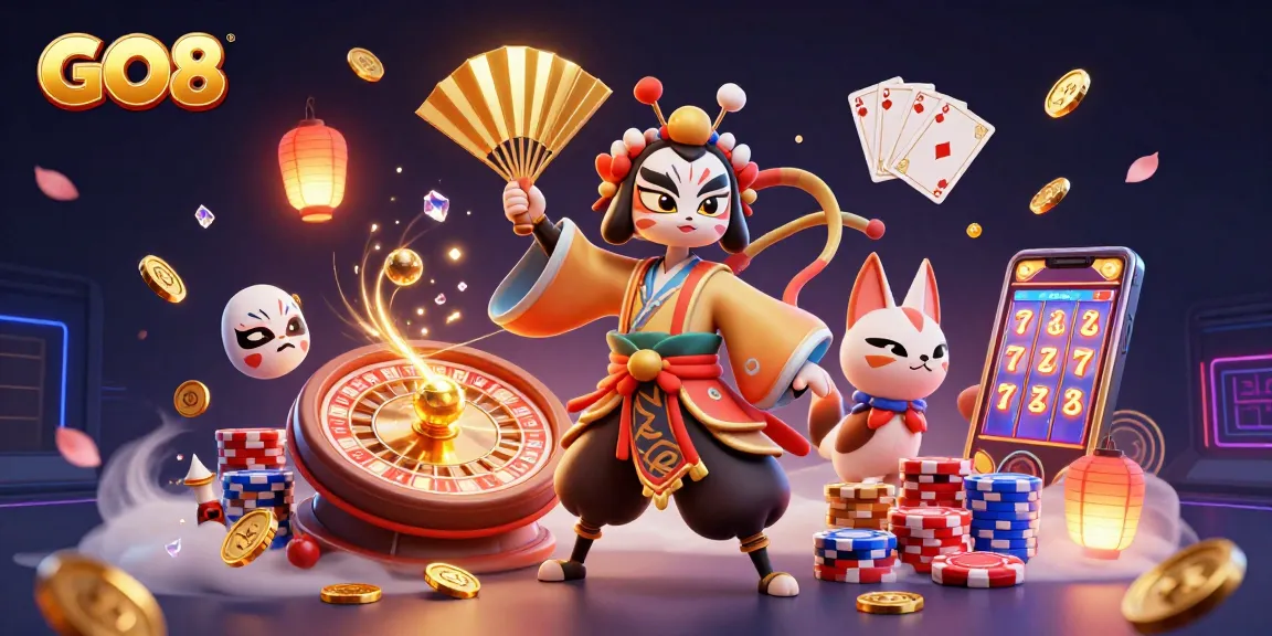 Engage in the excitement of GO8 casino gaming with vibrant 3D illustrations of kabuki warriors and dynamic elements.