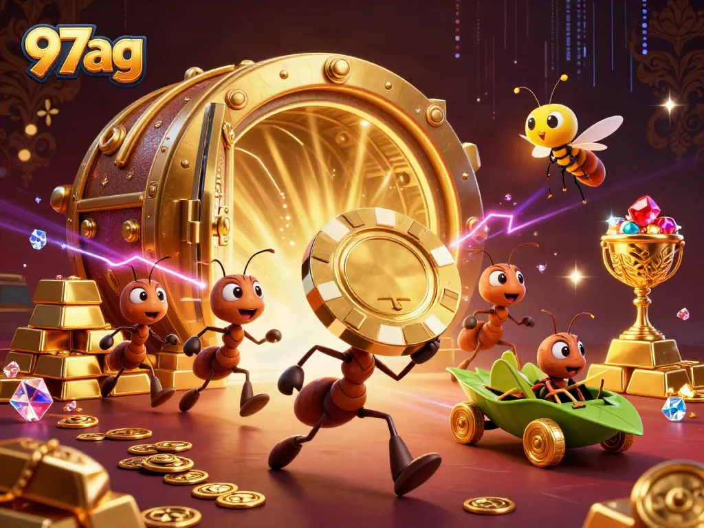 Experience the thrilling heist at 97ag with ants, a firefly, and a grasshopper amidst gold.