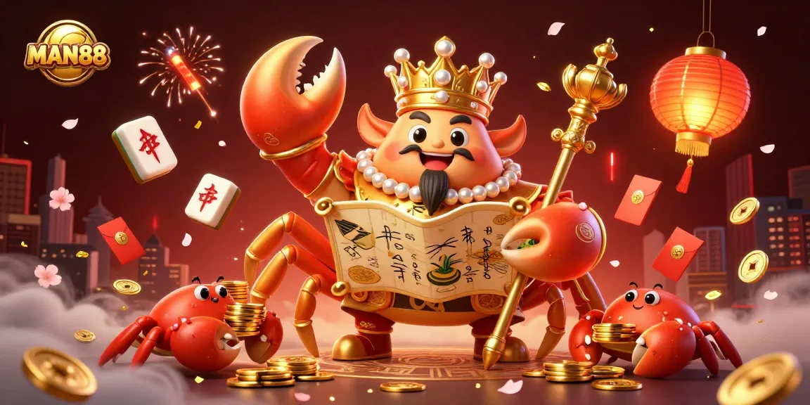 Experience thrilling gameplay with MAN88 as a golden crab emperor leads a vibrant casino celebration.