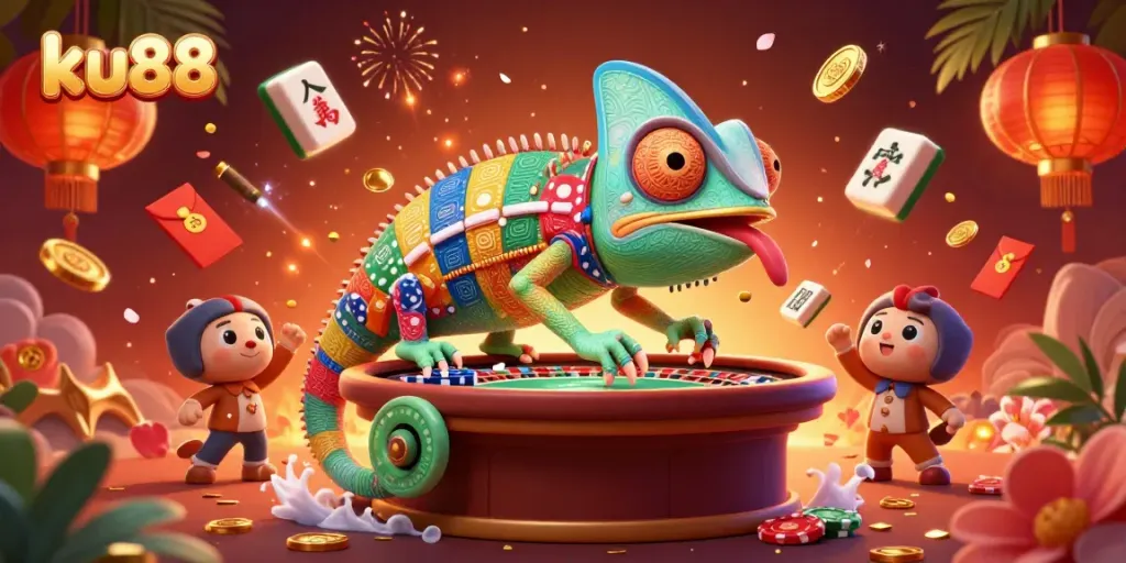 Experience thrilling moments at ku88, with a vibrant casino scene featuring our chameleon owner amidst dynamic gaming elements.