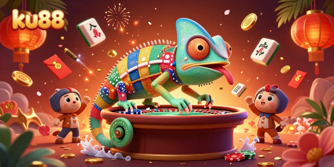 Experience thrilling moments at ku88, with a vibrant casino scene featuring our chameleon owner amidst dynamic gaming elements.