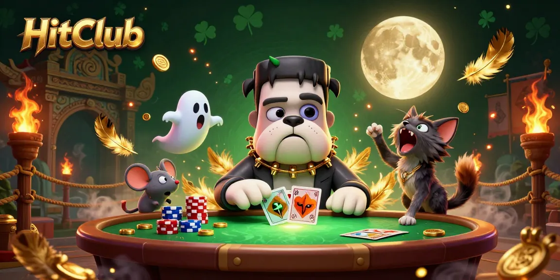 HitClub captivates players with a vibrant 3D illustration of a Frankenstein bulldog dealing cards amid mesmerizing casino elements.