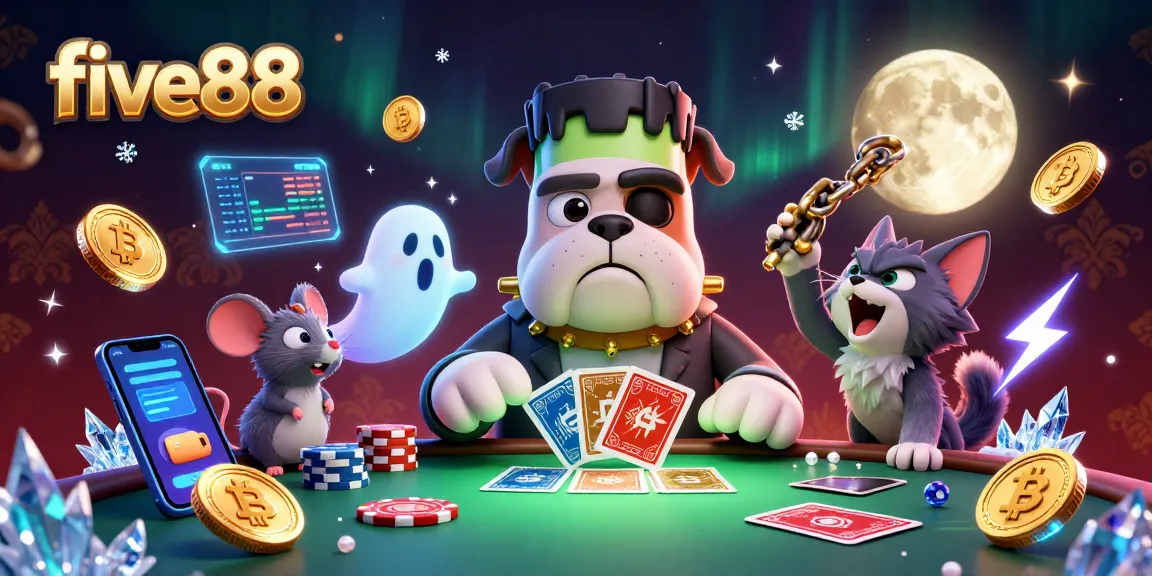 Engage with the excitement of five88 by witnessing a lively 3D scene of a Frankenstein bulldog dealing cards amidst crypto-themed elements.
