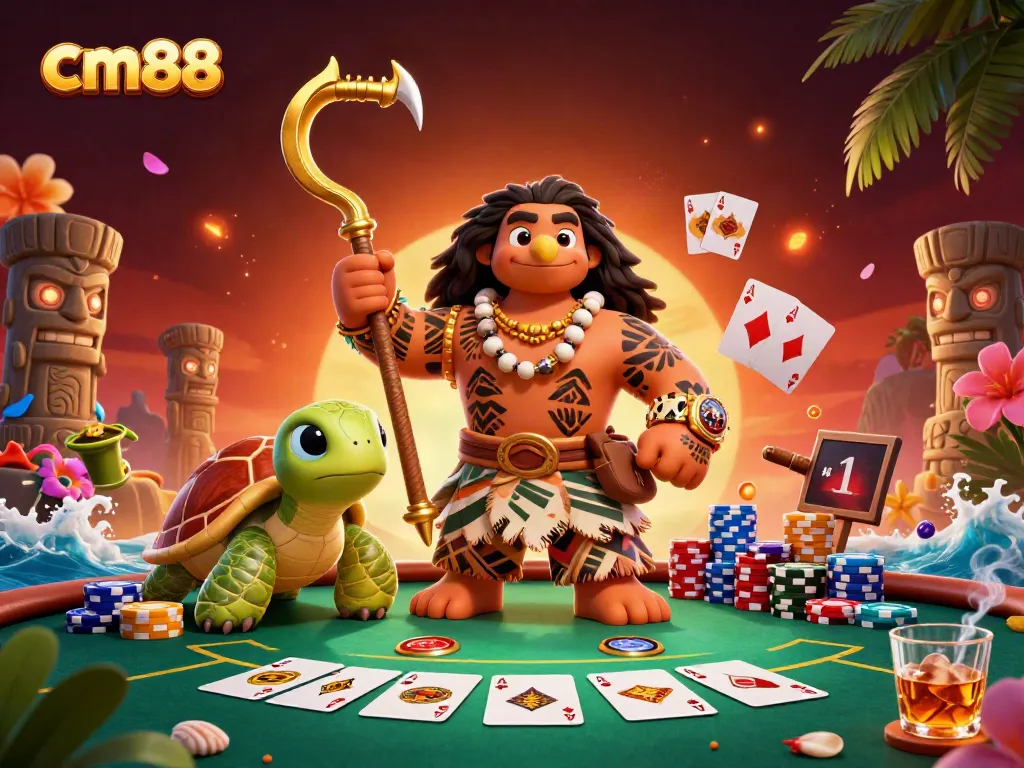 Engage in thrilling gameplay at cm88 with a vibrant casino scene featuring poker elements and a Polynesian demigod.