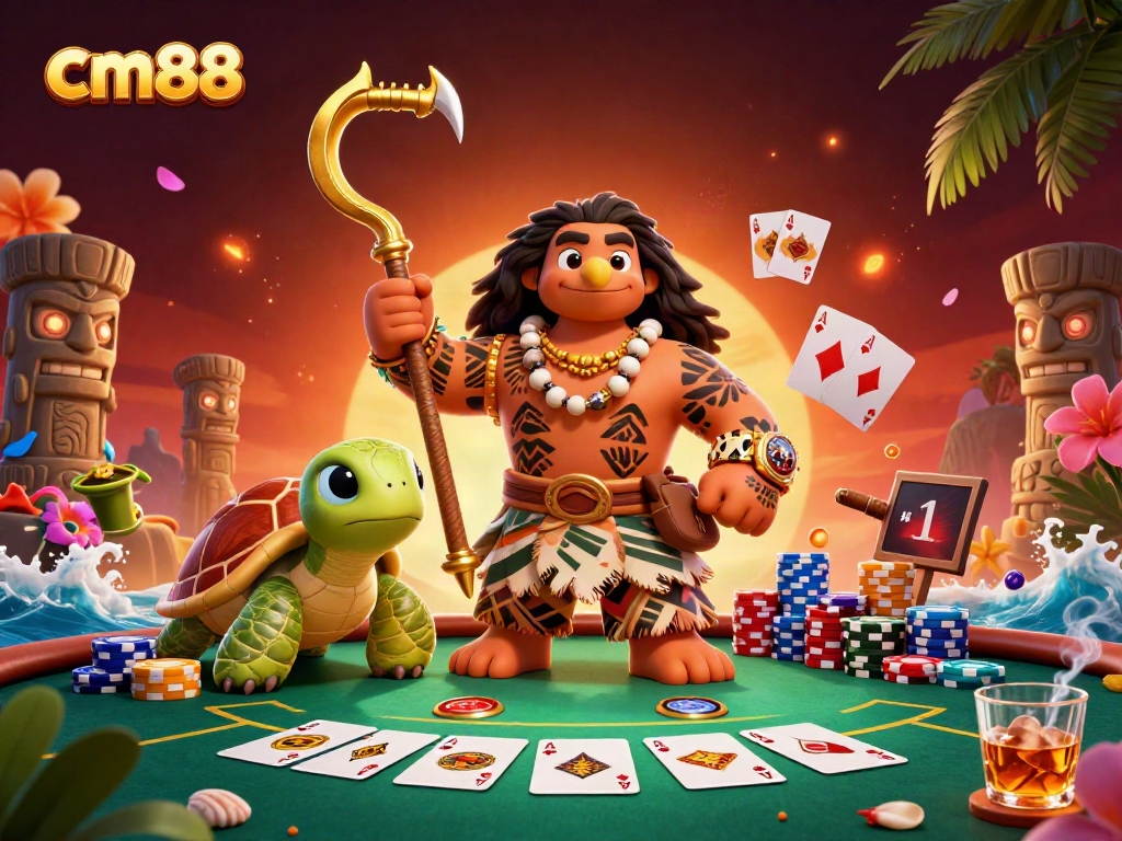 Engage in thrilling gameplay at cm88 with a vibrant casino scene featuring poker elements and a Polynesian demigod.