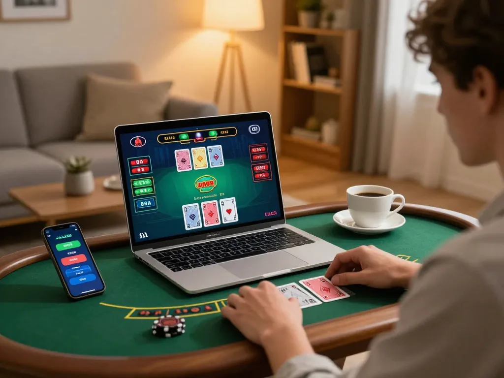 Jun88 player enjoying live baccarat on laptop in cozy home setting with strategic betting action.