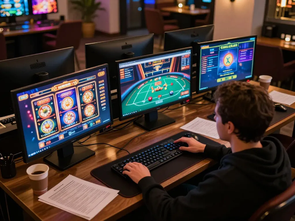 Enthusiast engaging in OXBET online gaming with multiple screens and strategic notes.