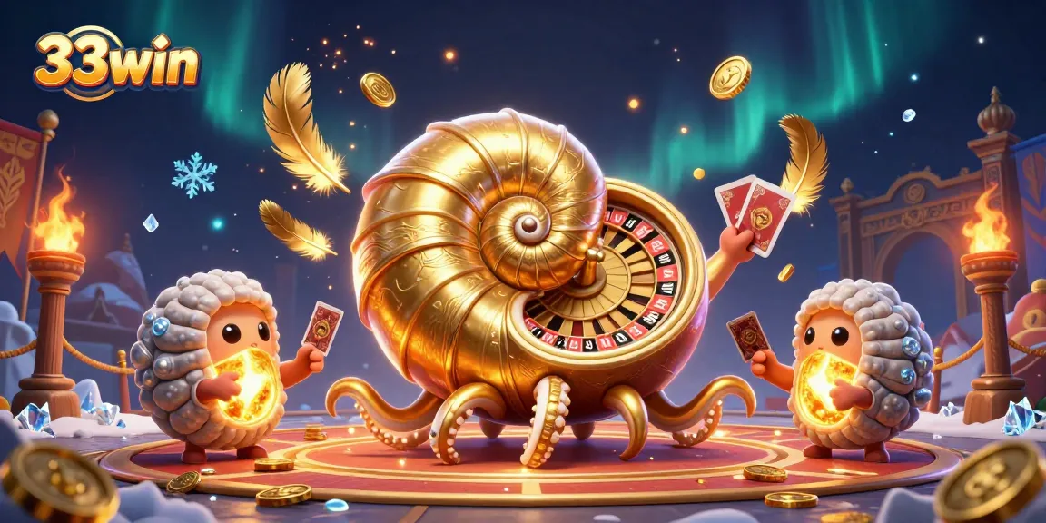 Engage in the thrilling world of 33win with a giant nautilus and glowing ammonites amidst casino elements.
