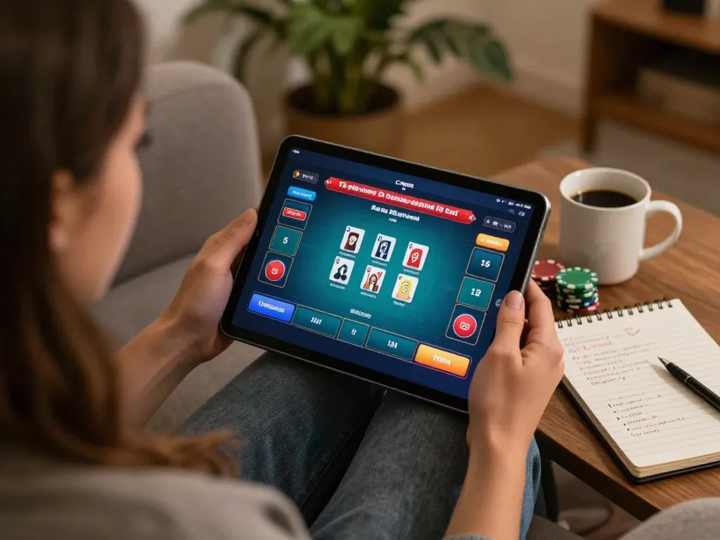 Engaged player on 688v enjoying online poker, showcasing game interface and strategic notes in a cozy home setting.