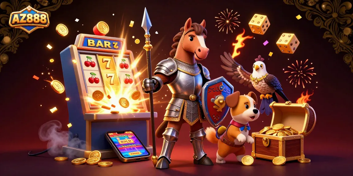 Engage in exciting slots gameplay with the AZ888 knights and treasures in a vibrant 3D casino scene.