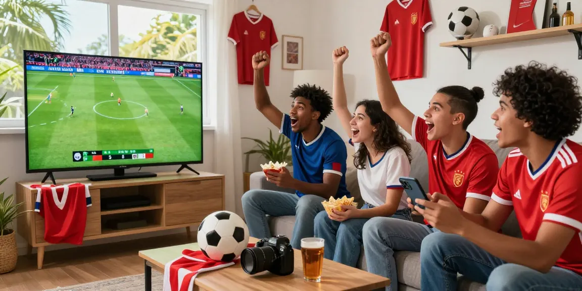 Fans enjoying bolakami sports streaming during a live soccer match in a lively living room.
