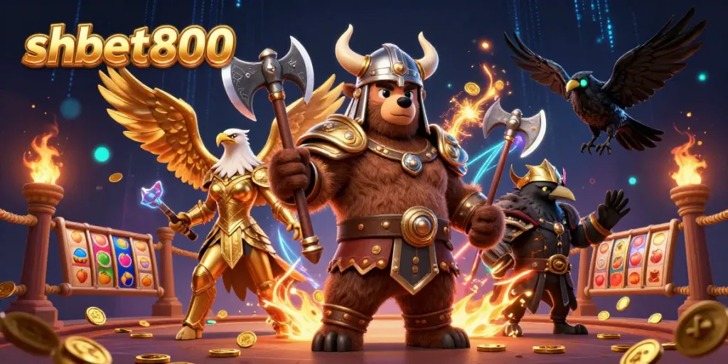 Experience the thrill of shbet800 with an epic 3D casino scene featuring a Viking bear and Valkyrie eagle.
