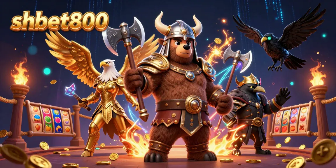 Experience the thrill of shbet800 with an epic 3D casino scene featuring a Viking bear and Valkyrie eagle.
