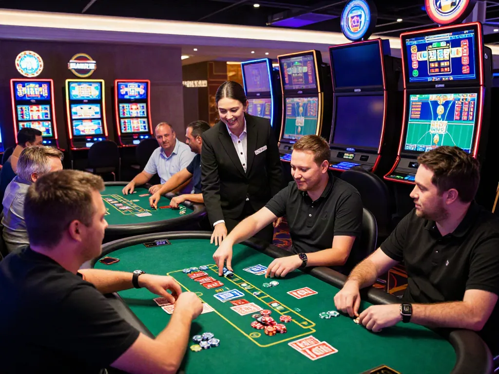Exciting ta88 online casino gaming scene with players at tables and vibrant slot machines.