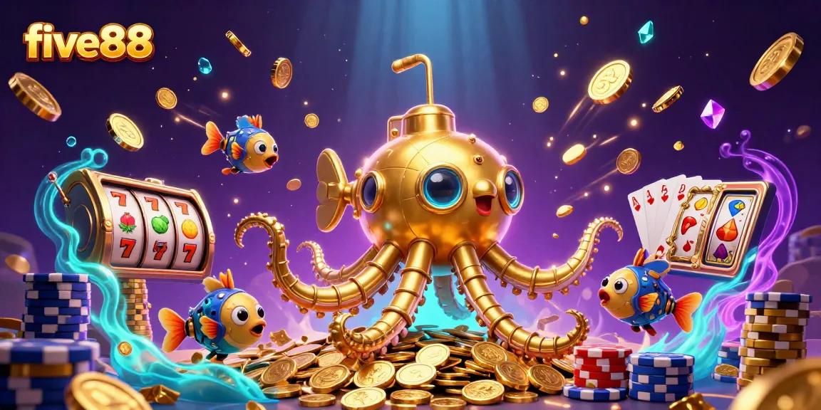 Experience the thrill of five88 with vibrant casino elements and golden treasures in a captivating underwater scene.